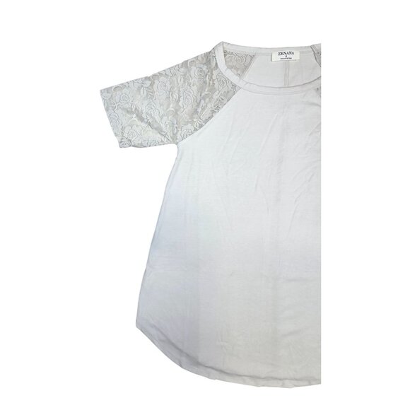 Zenana Lace Sleeve Top T-shirt Round Bottom Loose Off White/Grey Womens Small - Picture 3 of 9